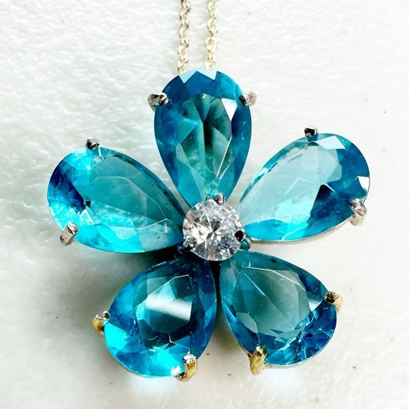 Italy 925 Sterling Silver Blue Topaz CZ Plumeria Flower Necklace 18” - Picture 5 of 8